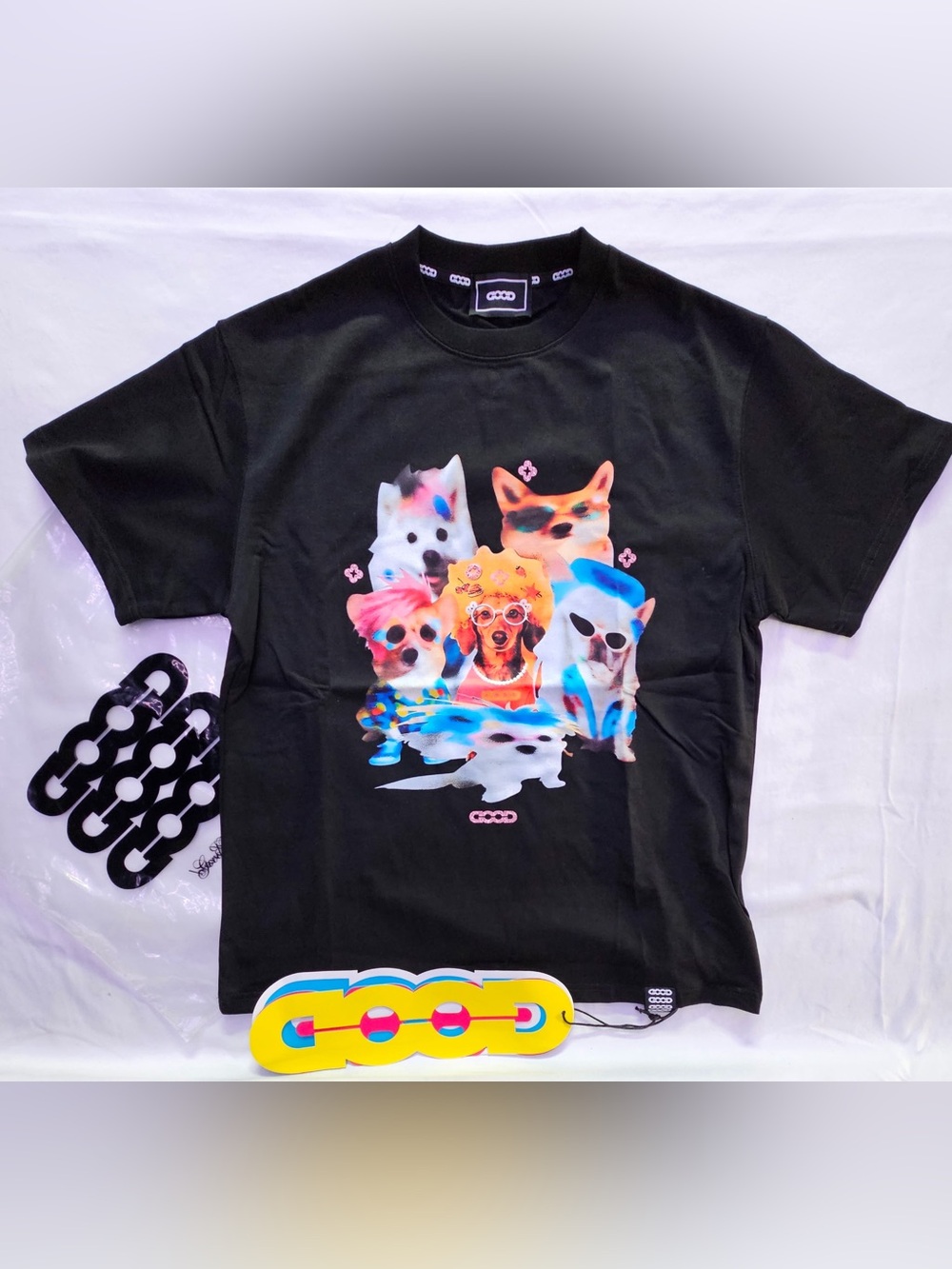 GOOD FRIENDS BRAND Black Graphic Dog T-Shirt with Colorful Puppy Print